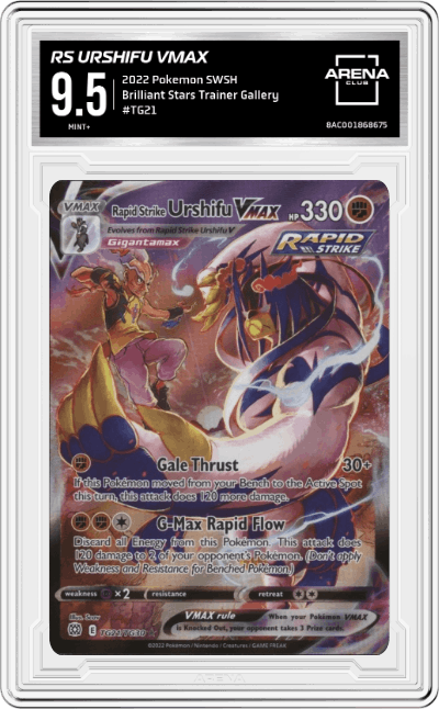 RS Urshifu VMAX from the 2022 Pokemon SWSH set graded by Arena Club and given an overall grade of 9.5.