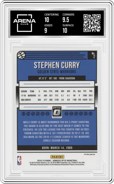 Stephen Curry from the 2018-19 Panini Donruss Optic set featuring a Holo parallel graded by Arena Club and given an overall grade of 9.5.