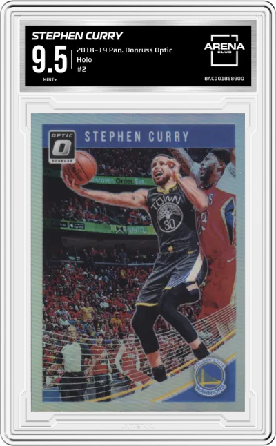 Stephen Curry from the 2018-19 Panini Donruss Optic set featuring a Holo parallel graded by Arena Club and given an overall grade of 9.5.