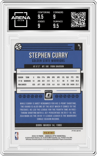 Stephen Curry from the 2018-19 Panini Donruss Optic set featuring a Holo parallel graded by Arena Club and given an overall grade of 9.5.