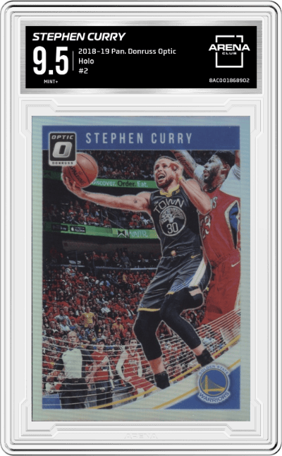 Stephen Curry from the 2018-19 Panini Donruss Optic set featuring a Holo parallel graded by Arena Club and given an overall grade of 9.5.