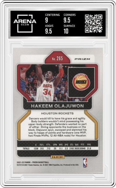 Hakeem Olajuwon from the 2021-22 Panini Prizm  set featuring a NBA 75th Prizm parallel graded by Arena Club and given an overall grade of 9.5.