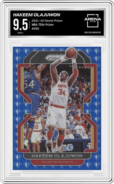Hakeem Olajuwon from the 2021-22 Panini Prizm  set featuring a NBA 75th Prizm parallel graded by Arena Club and given an overall grade of 9.5.
