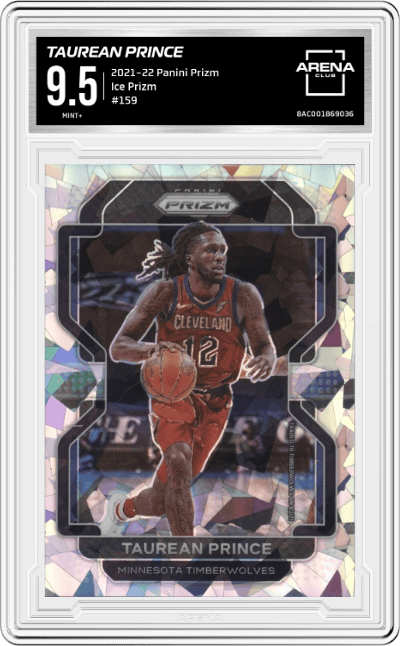 Taurean Prince from the 2021-22 Panini Prizm  set featuring a Ice Prizm parallel graded by Arena Club and given an overall grade of 9.5.