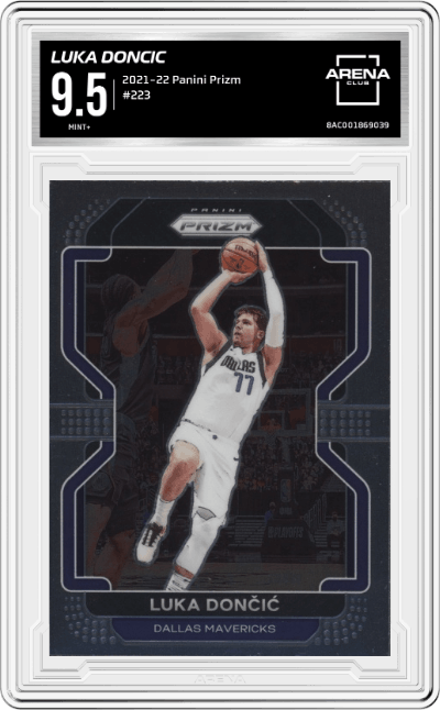 Luka Doncic from the 2021-22 Panini Prizm  set graded by Arena Club and given an overall grade of 9.5.