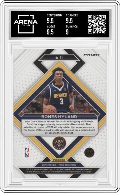 Bones Hyland from the 2021-22 Panini Prizm  set featuring a Green Prizm parallel graded by Arena Club and given an overall grade of 9.5.