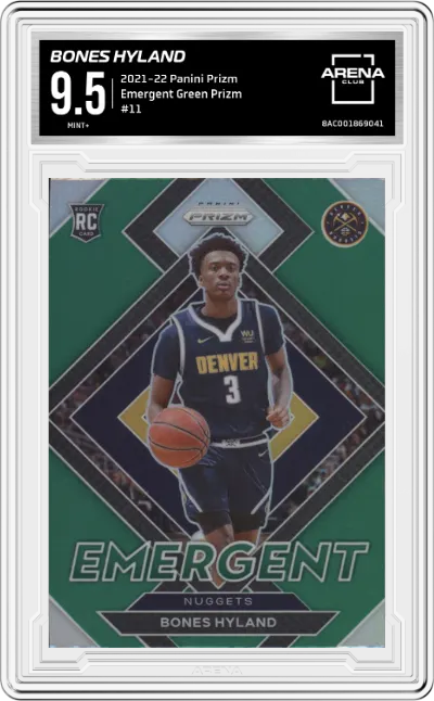 Bones Hyland from the 2021-22 Panini Prizm  set featuring a Green Prizm parallel graded by Arena Club and given an overall grade of 9.5.