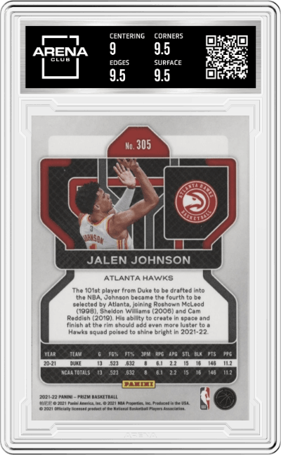 Jalen Johnson from the 2021-22 Panini Prizm  set graded by Arena Club and given an overall grade of 9.5.