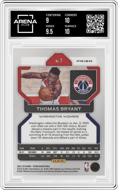 Thomas Bryant from the 2021-22 Panini Prizm  set featuring a Ice Prizm parallel graded by Arena Club and given an overall grade of 9.5.