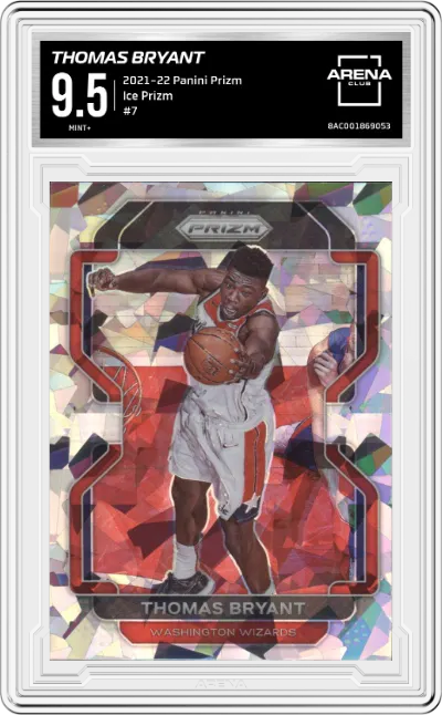 Thomas Bryant from the 2021-22 Panini Prizm  set featuring a Ice Prizm parallel graded by Arena Club and given an overall grade of 9.5.