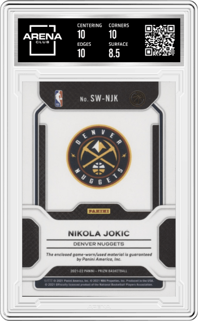 Nikola Jokic from the 2021-22 Panini Prizm  set graded by Arena Club and given an overall grade of 9.