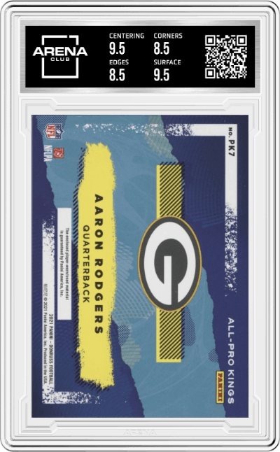 Aaron Rodgers from the 2021 Panini Donruss set featuring a Studio Series parallel graded by Arena Club and given an overall grade of 9.