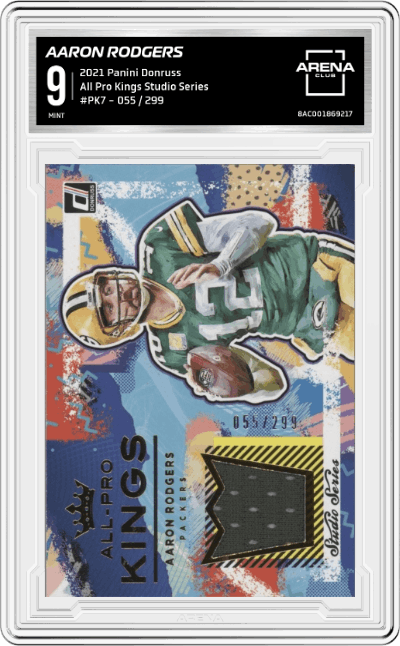 Aaron Rodgers from the 2021 Panini Donruss set featuring a Studio Series parallel graded by Arena Club and given an overall grade of 9.