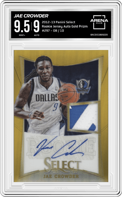 Jae Crowder from the 2012-13 Panini Select set featuring a Gold Prizm parallel graded by Arena Club and given an overall grade of 9.5.