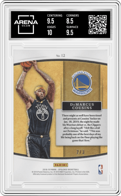 DeMarcus Cousins from the 2018-19 Panini Opulence Basketball set featuring a Ruby parallel graded by Arena Club and given an overall grade of 9.