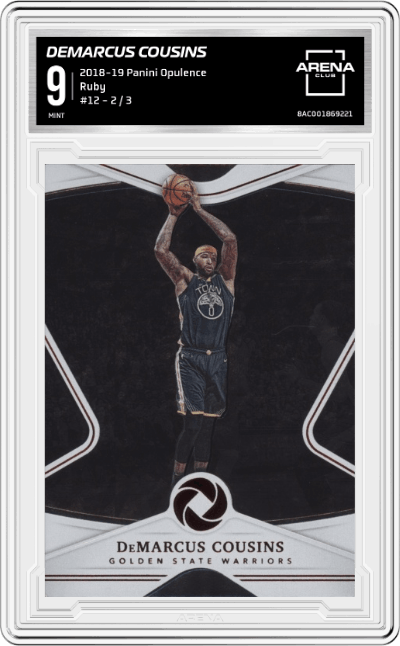 DeMarcus Cousins from the 2018-19 Panini Opulence Basketball set featuring a Ruby parallel graded by Arena Club and given an overall grade of 9.
