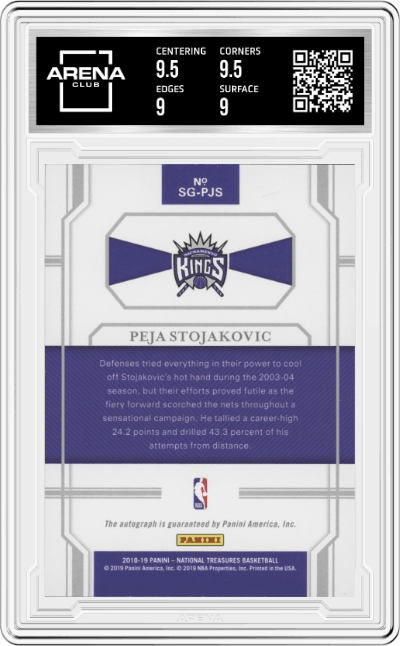 Peja Stojakovic from the 2018-19 Panini National Treasures Basketball set graded by Arena Club and given an overall grade of 9.5.