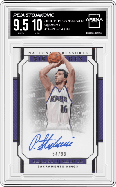 Peja Stojakovic from the 2018-19 Panini National Treasures Basketball set graded by Arena Club and given an overall grade of 9.5.