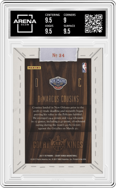 DeMarcus Cousins from the 2017-18 Panini Court Kings Basketball set graded by Arena Club and given an overall grade of 9.5.
