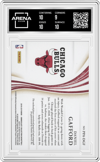 Daniel Gafford from the 2019-20 Panini Immaculate Collection set featuring a Gold parallel graded by Arena Club and given an overall grade of 9.5.