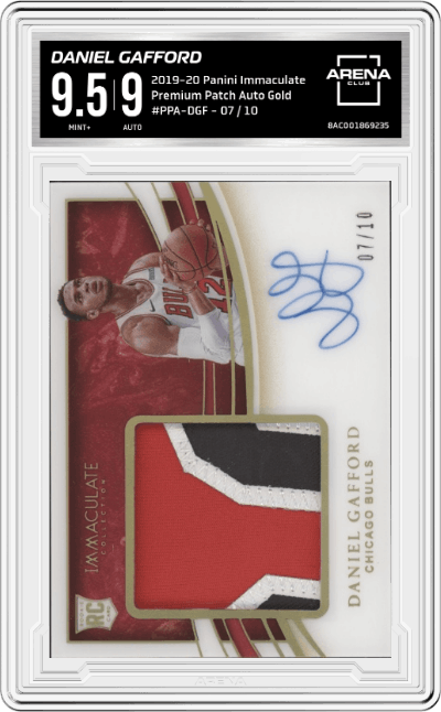 Daniel Gafford from the 2019-20 Panini Immaculate Collection set featuring a Gold parallel graded by Arena Club and given an overall grade of 9.5.