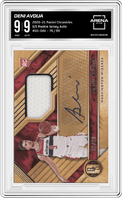 Deni Avdija from the 2020-21 Panini Chronicles set graded by Arena Club and given an overall grade of 9.