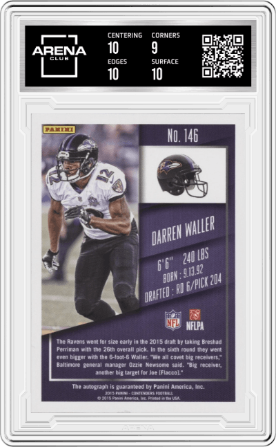 Darren Waller from the 2015 Panini Contenders  set graded by Arena Club and given an overall grade of 9.5.
