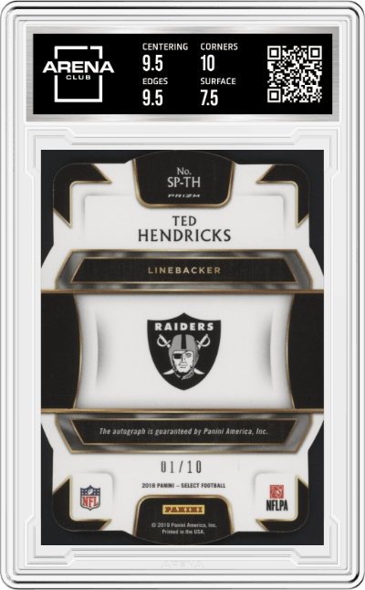 Ted Hendricks from the 2018 Panini Select Football set featuring a Die-Cut Tie-Dye Prizm parallel graded by Arena Club and given an overall grade of 8.