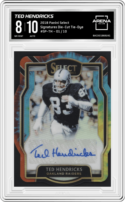 Ted Hendricks from the 2018 Panini Select Football set featuring a Die-Cut Tie-Dye Prizm parallel graded by Arena Club and given an overall grade of 8.