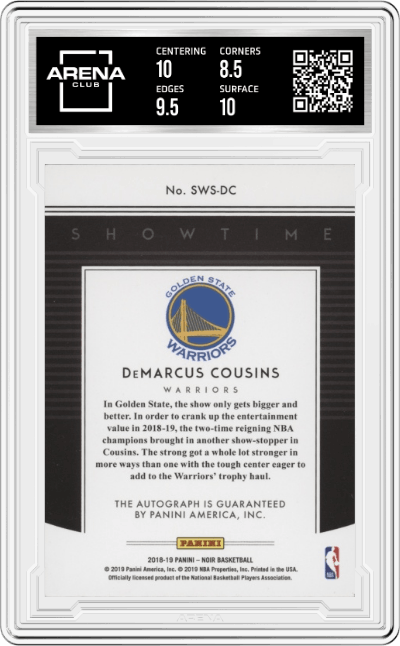 DeMarcus Cousins from the 2018-19 Panini Noir set graded by Arena Club and given an overall grade of 9.