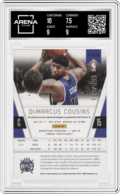 DeMarcus Cousins from the 2010-11 Panini Totally Certified set graded by Arena Club and given an overall grade of 8.
