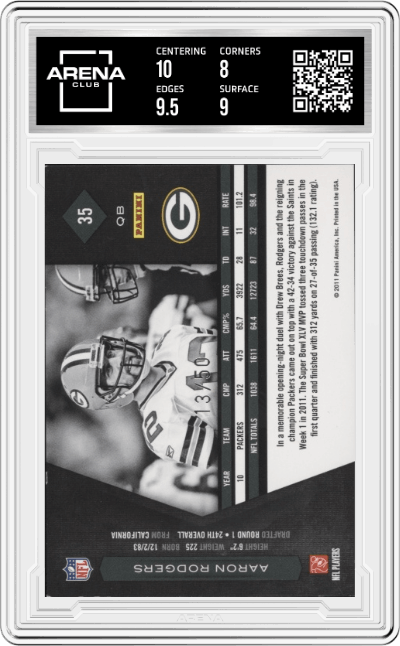 Aaron Rodgers from the 2011 Panini Limited set featuring a Silver Spotlight parallel graded by Arena Club and given an overall grade of 8.5.