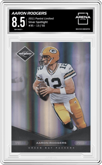 Aaron Rodgers from the 2011 Panini Limited set featuring a Silver Spotlight parallel graded by Arena Club and given an overall grade of 8.5.