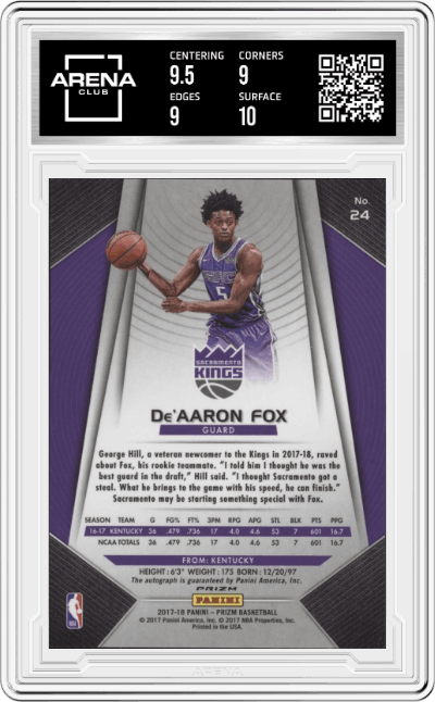 De'Aaron Fox from the 2017-18 Panini Prizm  set graded by Arena Club and given an overall grade of 9.5.