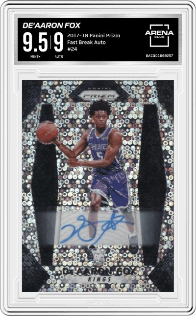 De'Aaron Fox from the 2017-18 Panini Prizm  set graded by Arena Club and given an overall grade of 9.5.