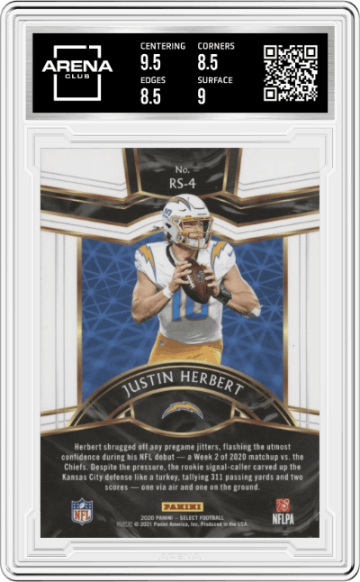 Justin Herbert from the 2020 Panini Select set graded by Arena Club and given an overall grade of 9.