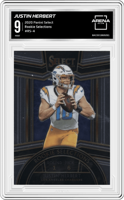 Justin Herbert from the 2020 Panini Select set graded by Arena Club and given an overall grade of 9.