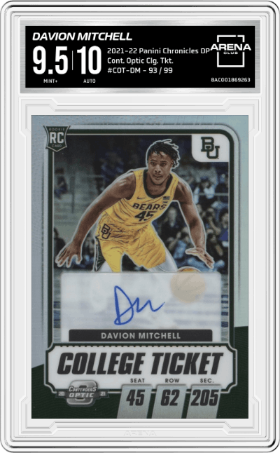 Davion Mitchell from the 2021-22 Panini Chronicles Draft Picks set graded by Arena Club and given an overall grade of 9.5.