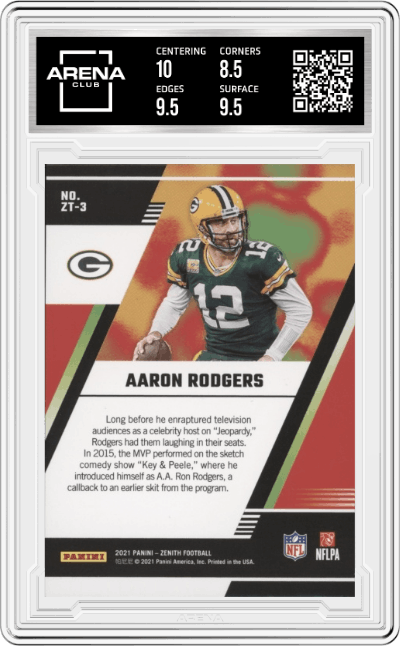 Aaron Rodgers from the 2021 Panini Zenith set featuring a Artist Proof- Emerald parallel graded by Arena Club and given an overall grade of 9.
