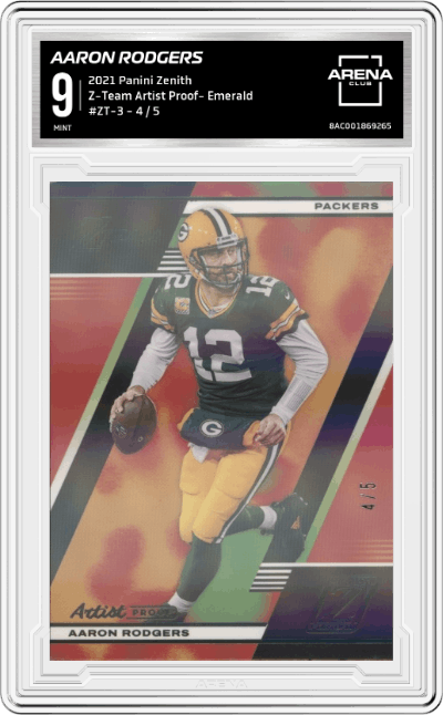 Aaron Rodgers from the 2021 Panini Zenith set featuring a Artist Proof- Emerald parallel graded by Arena Club and given an overall grade of 9.
