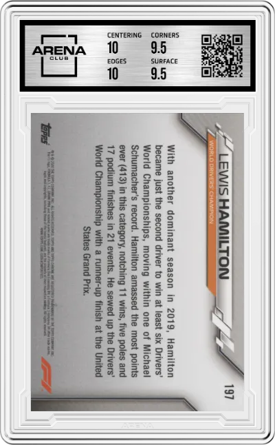 Lewis Hamilton from the 2020 Topps Chrome Sapphire Formula 1  set graded by Arena Club and given an overall grade of 10.