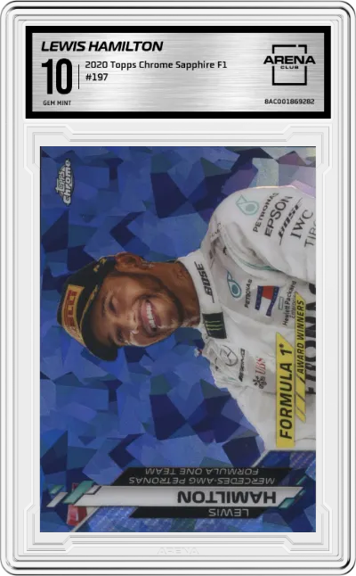 Lewis Hamilton from the 2020 Topps Chrome Sapphire Formula 1  set graded by Arena Club and given an overall grade of 10.