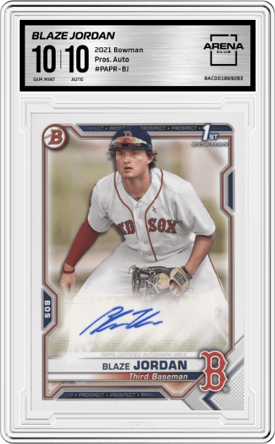 Blaze Jordan from the 2021 Bowman set graded by Arena Club and given an overall grade of 10.