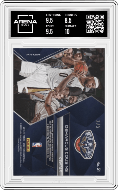 DeMarcus Cousins from the 2016-17 Panini Spectra set featuring a Green parallel graded by Arena Club and given an overall grade of 9.