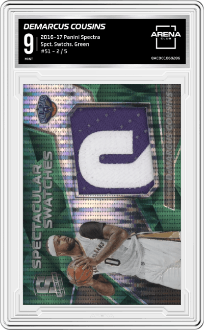 DeMarcus Cousins from the 2016-17 Panini Spectra set featuring a Green parallel graded by Arena Club and given an overall grade of 9.
