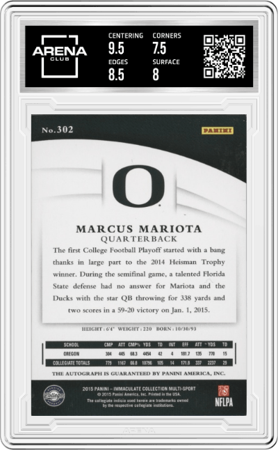 Marcus Mariota from the 2015 Panini Immaculate Collegiate Multi-Sport set graded by Arena Club and given an overall grade of 8.