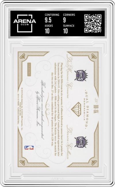 Demarcus Cousins/Darren Collison from the 2014-15 Panini Flawless set featuring a Emerald parallel graded by Arena Club and given an overall grade of 9.5.