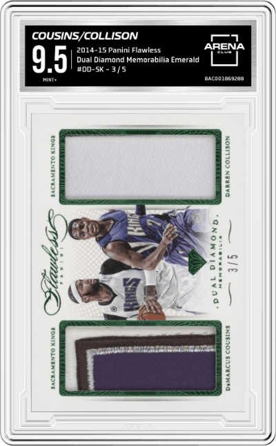 Demarcus Cousins/Darren Collison from the 2014-15 Panini Flawless set featuring a Emerald parallel graded by Arena Club and given an overall grade of 9.5.