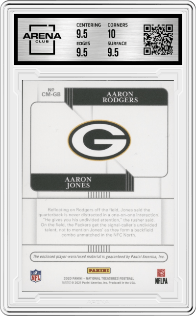 Aaron Jones/Aaron Rodgers from the 2020 Panini National Treasures set graded by Arena Club and given an overall grade of 10.