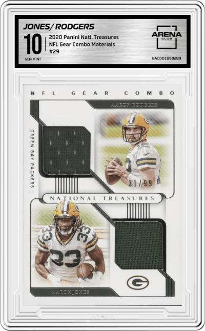 Aaron Jones/Aaron Rodgers from the 2020 Panini National Treasures set graded by Arena Club and given an overall grade of 10.